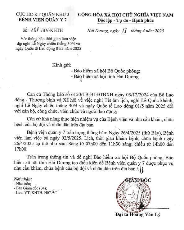 Bệnh viện quân y 7, Cục Hậu cần - Kỹ thuật, Quân khu 3 thông báo thời gian làm việc dịp nghỉ Lễ Ngày chiến thắng 30/4 và ngày Quốc tế Lao Động 01/5 năm 2025